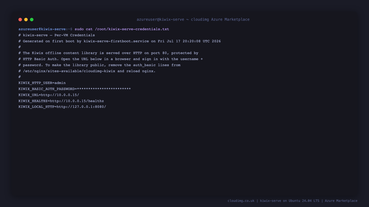The per VM kiwix-serve credentials file at /root/kiwix-serve-credentials.txt (mode 0600 root), the Basic Auth password redacted, showing the sign in user and the library and health check endpoint URLs