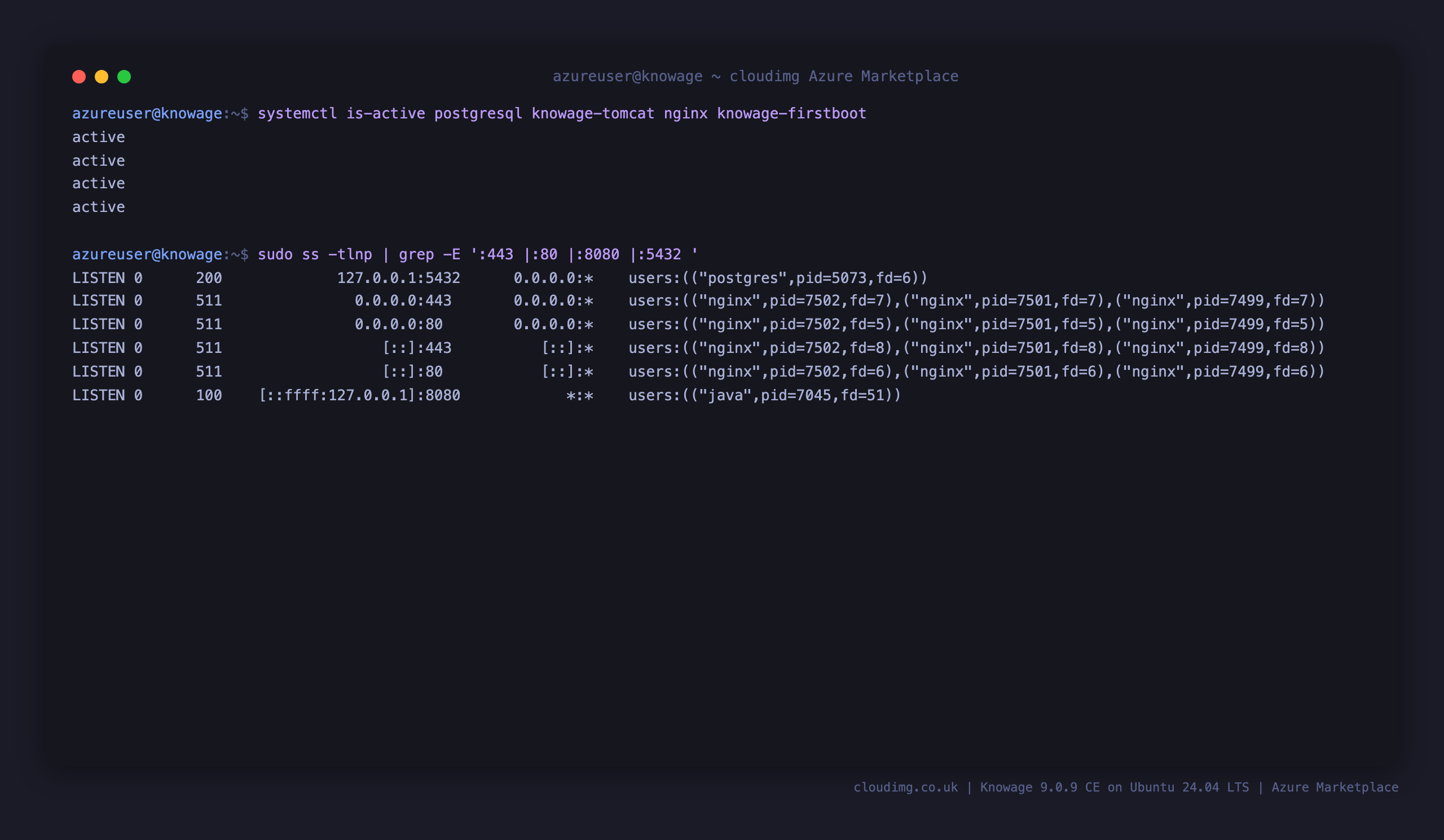 postgresql, knowage-tomcat, nginx and the knowage-firstboot unit all active, with PostgreSQL on 127.0.0.1:5432 and Tomcat on loopback 8080 while only nginx listens publicly on ports 443 and 80