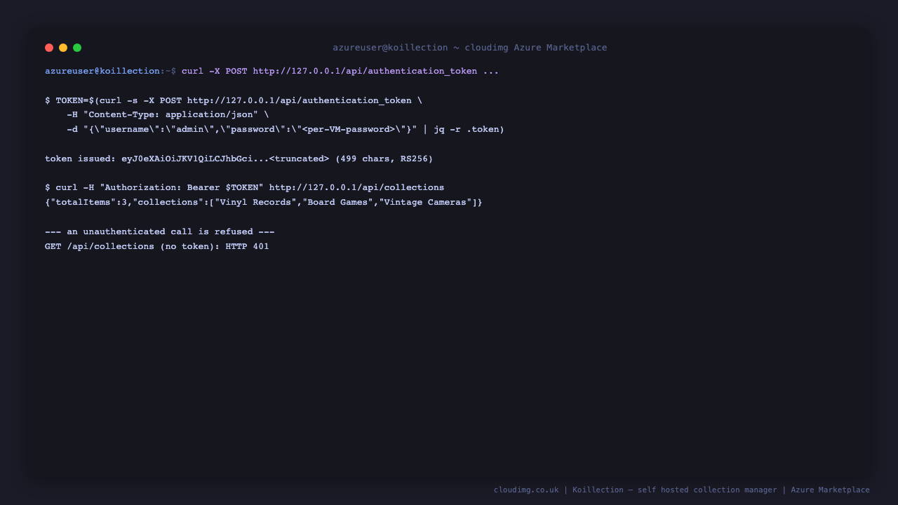 Koillection REST API authentication and catalogue query