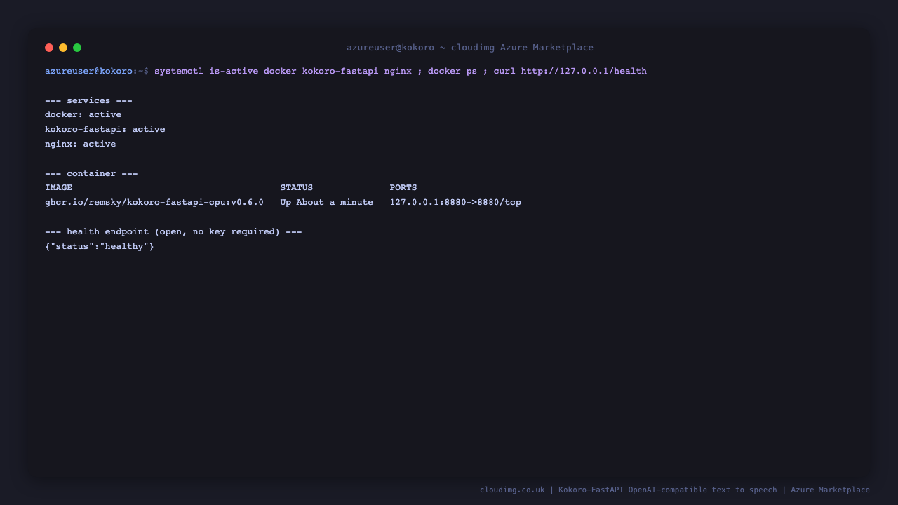 The docker, kokoro-fastapi and nginx services all report active, the kokoro-fastapi container is running, and the open health endpoint returns status healthy