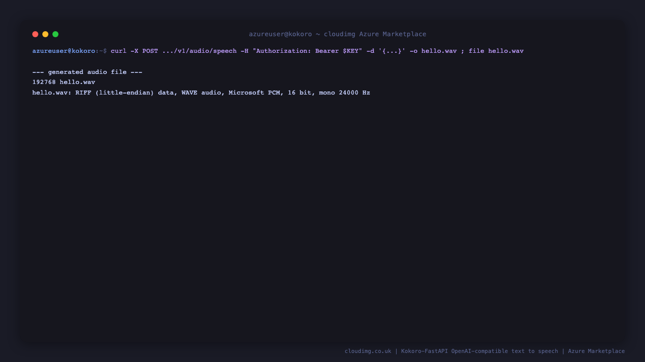 An authenticated speech request writes hello.wav and the file command confirms it is a RIFF WAVE audio file, demonstrating a real text to audio round trip through the authenticated gate