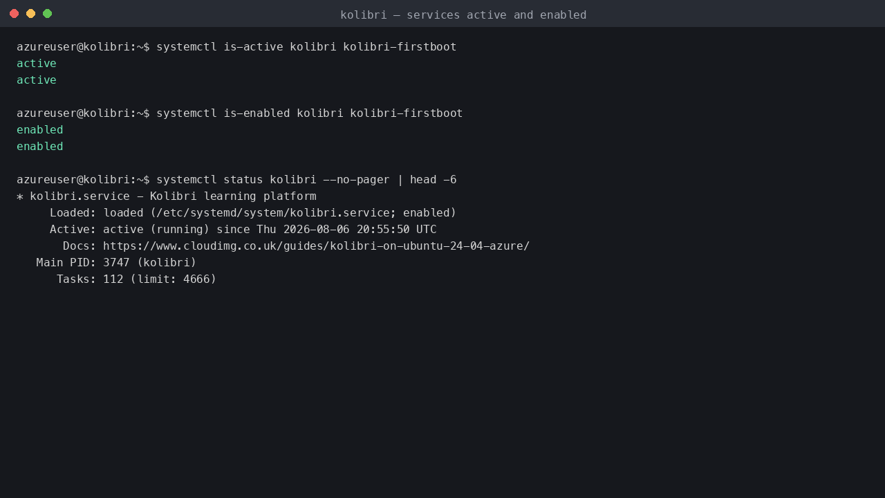Kolibri systemd units - kolibri.service and kolibri-firstboot.service both active and enabled on Ubuntu 24.04