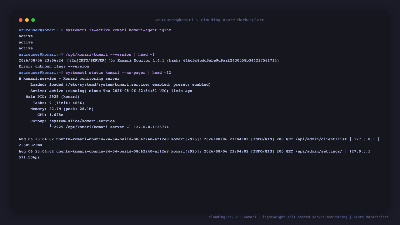Komari, agent and nginx services active on the VM