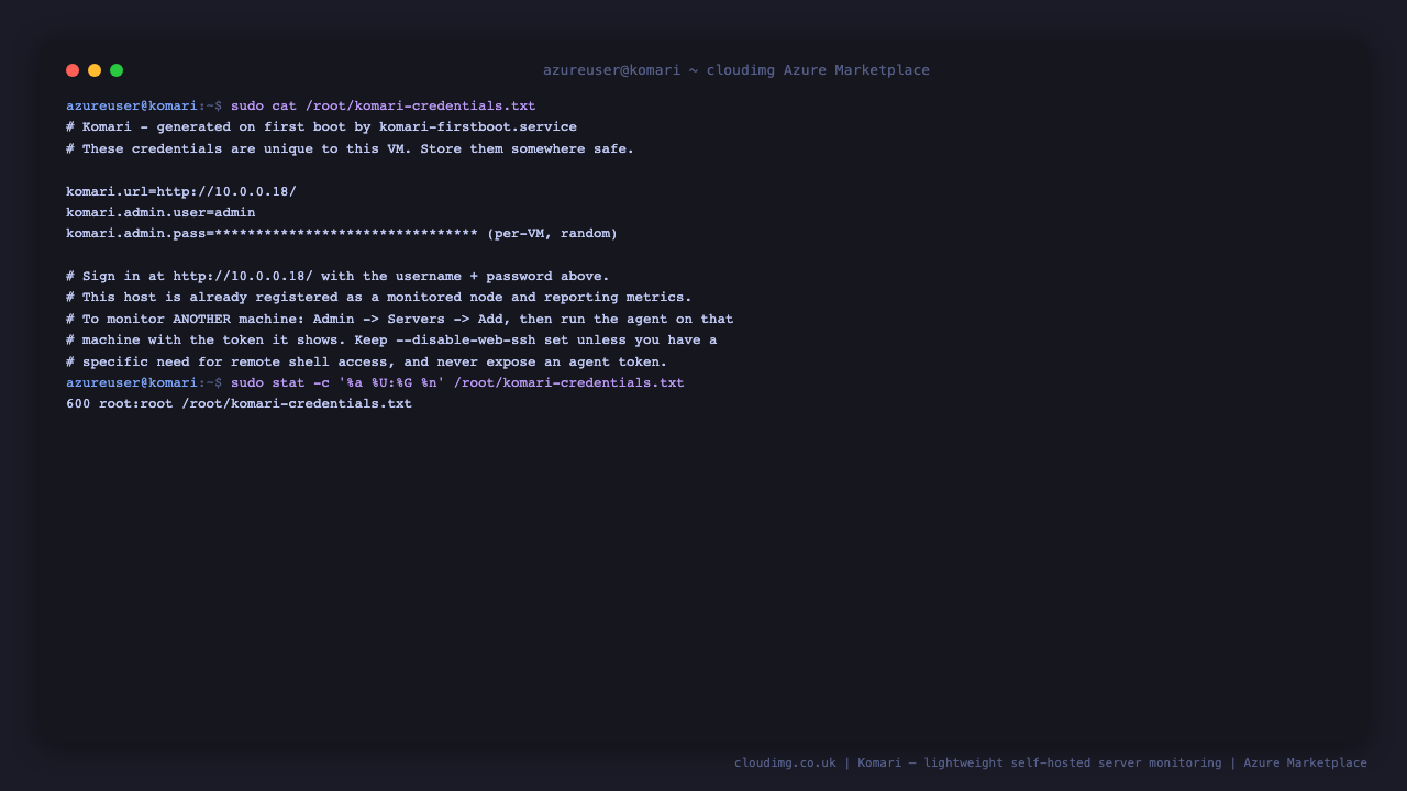 Retrieving the per-VM Komari administrator credentials over SSH