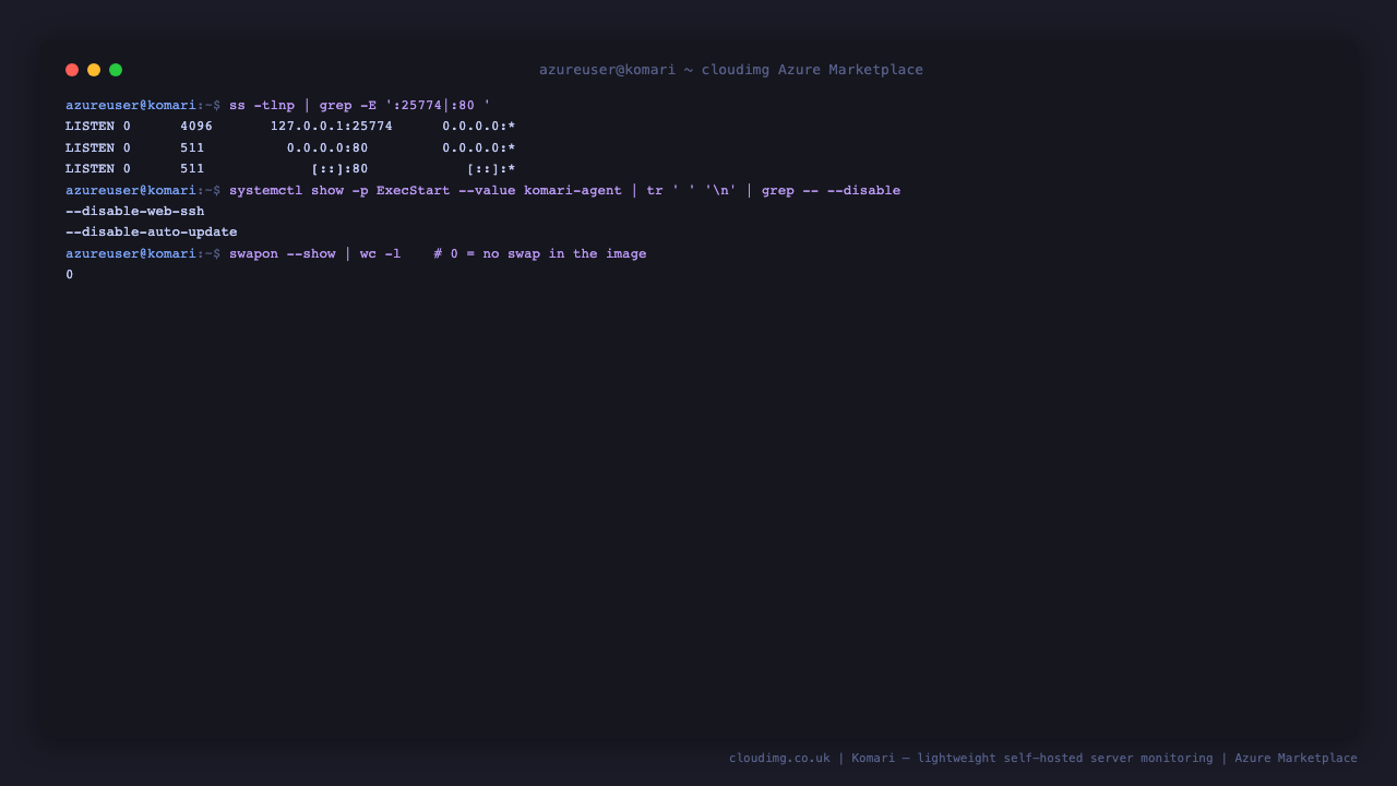 Komari security posture: loopback binding, agent remote control disabled, no swap