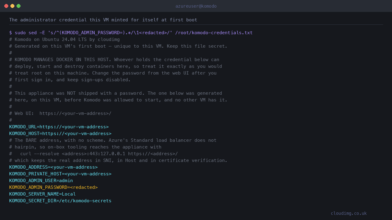The per-VM administrator credential, generated on this VM and on no other