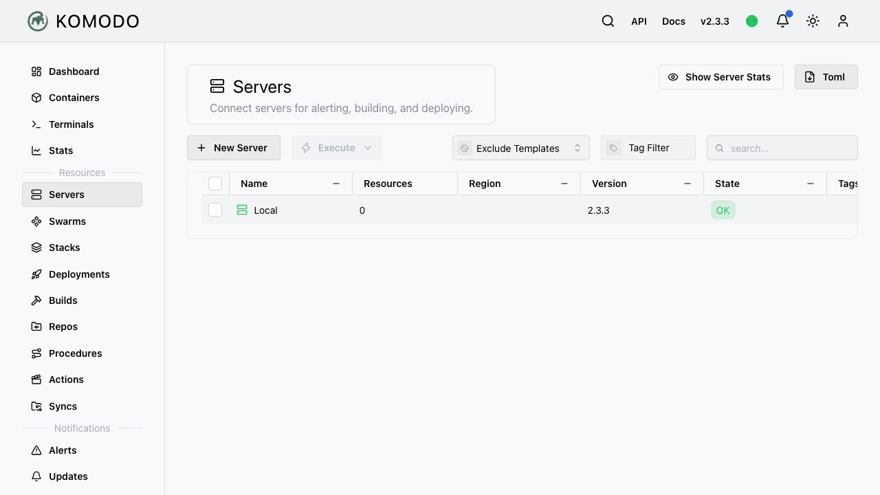 The Servers view: this VM, connected to Komodo by the agent running on it
