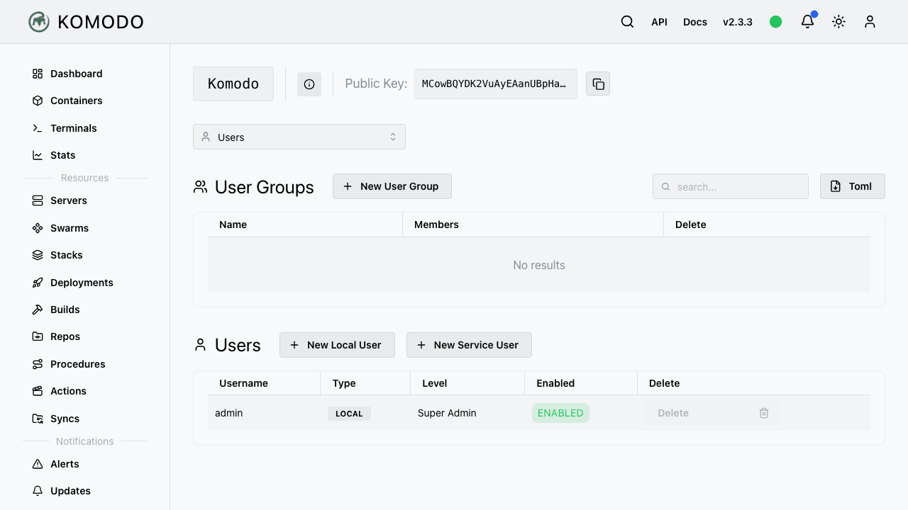 Komodo's user settings. Self registration is off, and this appliance has exactly one account