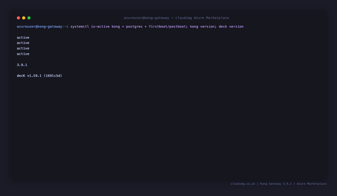 All four services active and Kong 3.9.1 + decK 1.59.1 reported