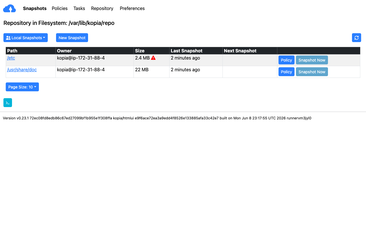 The Kopia web UI snapshots view