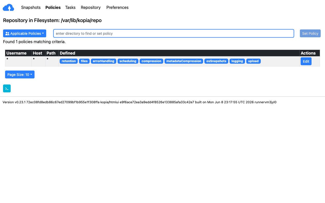 The Kopia web UI policies view