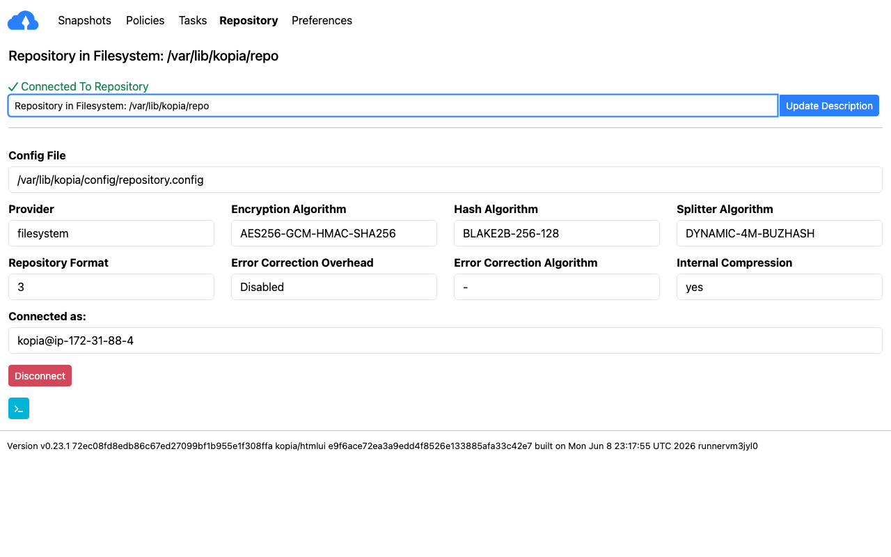 The Kopia web UI repository view
