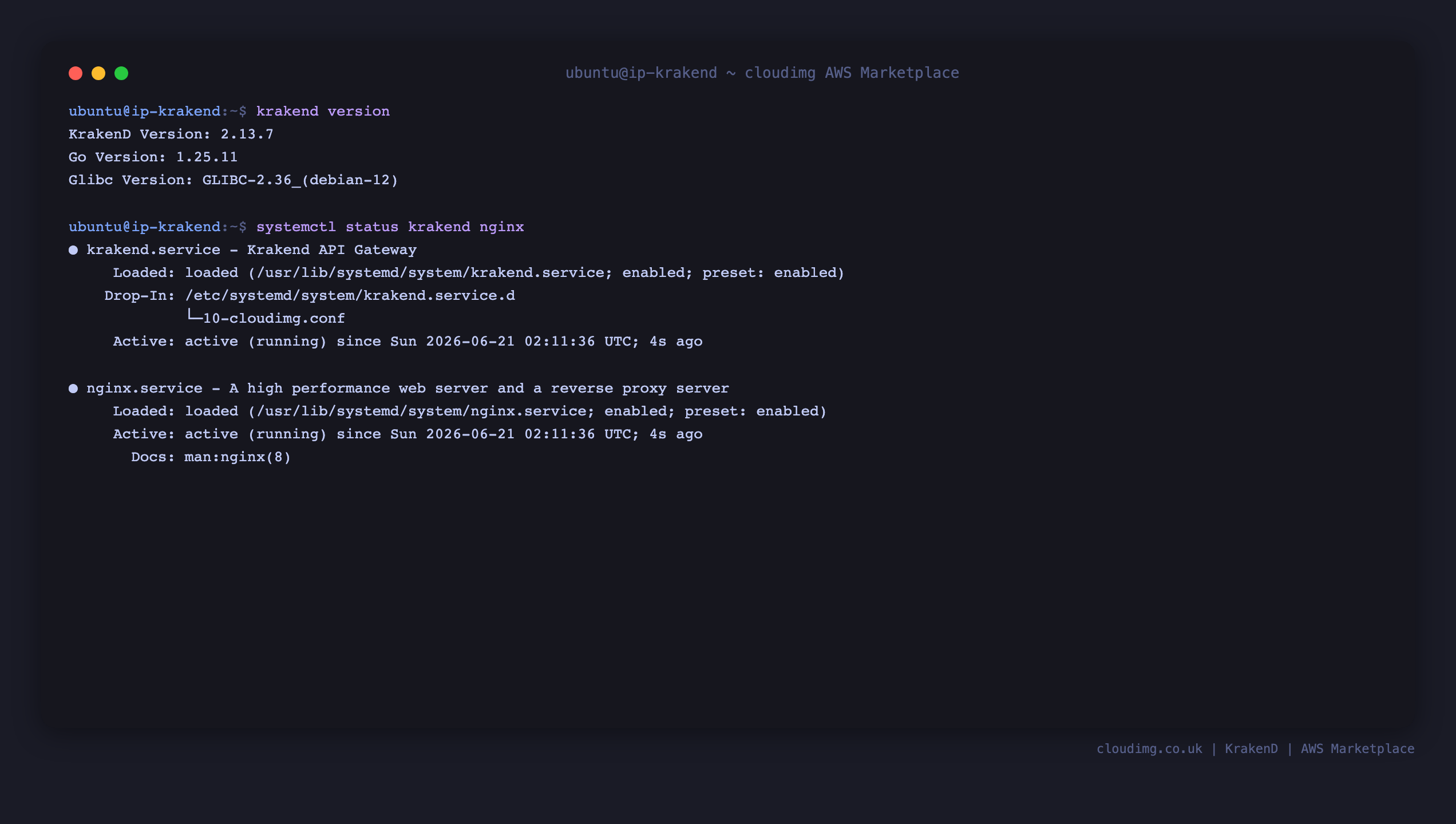 The preinstalled krakend binary reporting version 2.13.7 and systemctl showing the krakend and nginx services active and serving the sample gateway configuration