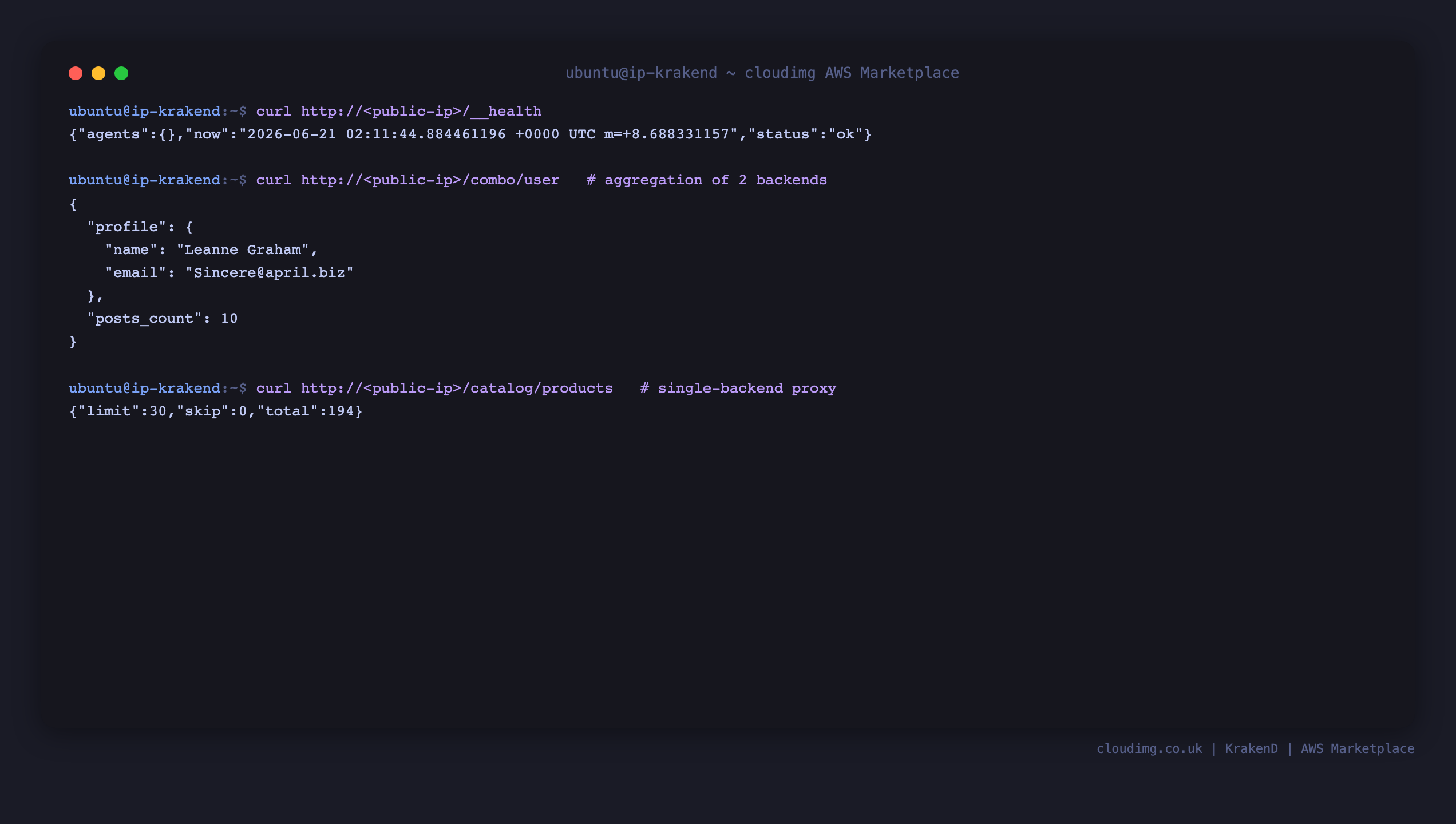curl of the gateway endpoints through nginx on port 80: the built-in health check, the aggregation endpoint merging two upstream JSON responses, and the single-backend proxy endpoint