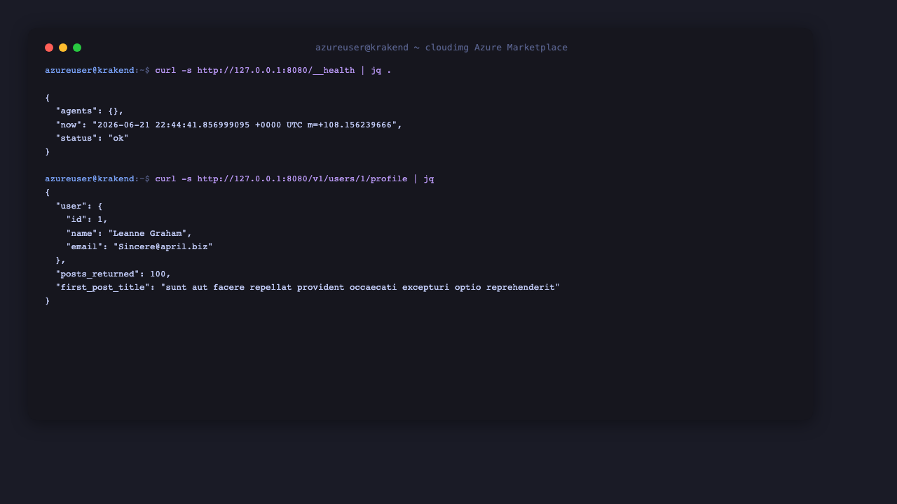 KrakenD health endpoint and an aggregated request through the gateway