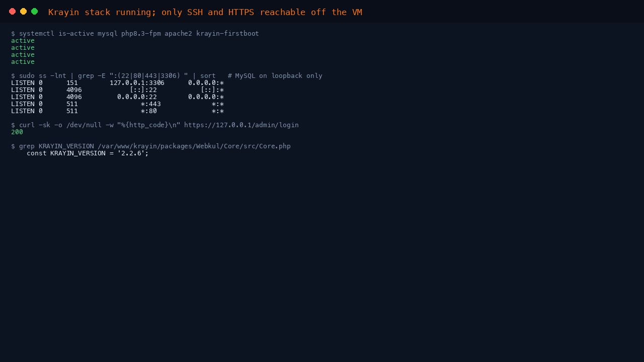Services active, MySQL on loopback only, and the Krayin version