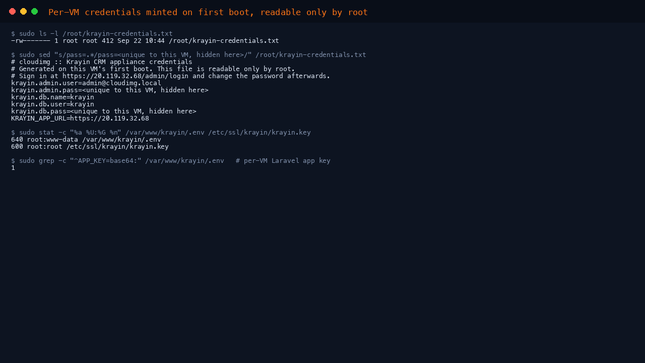 The root only credentials file, with the per VM passwords hidden