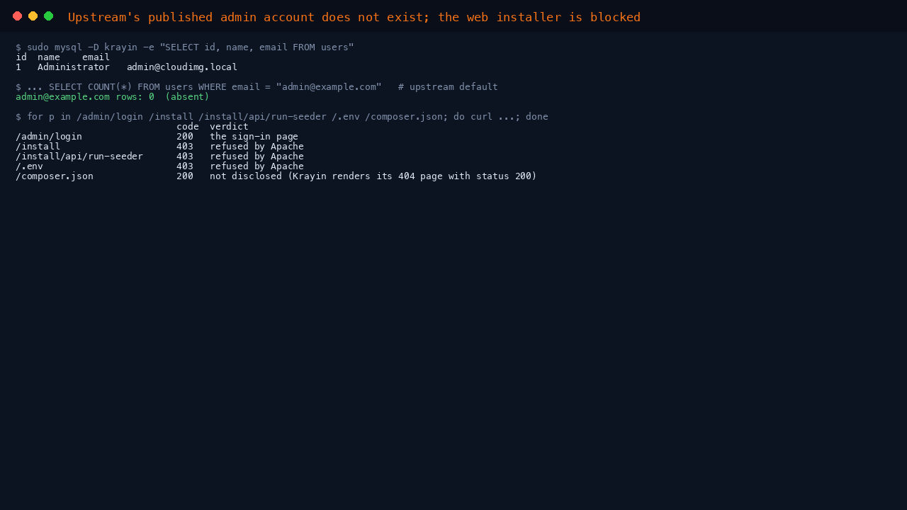 Only your own administrator exists; the installer and .env are refused