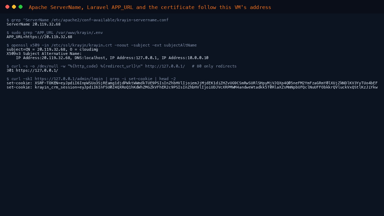 ServerName, APP_URL, the certificate and the port 80 redirect