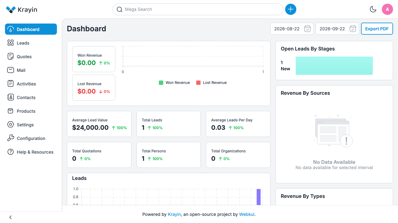 The Krayin CRM dashboard after signing in