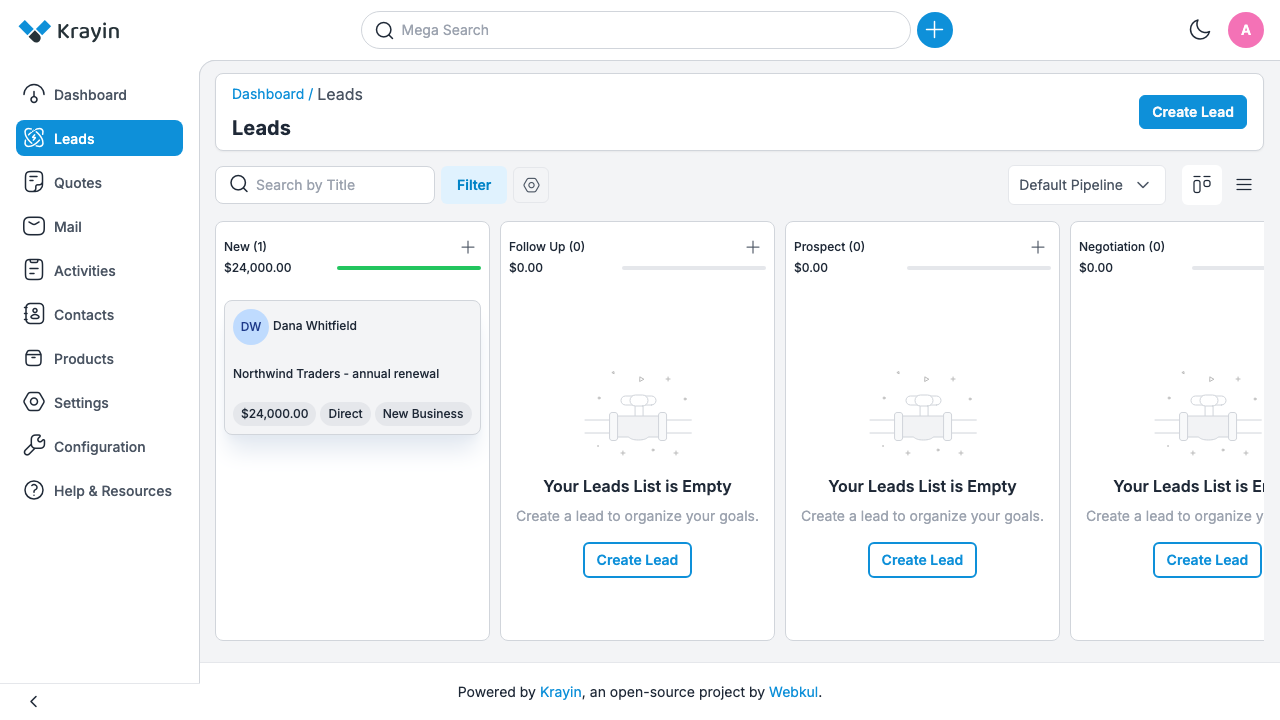A saved lead sitting in the Default Pipeline