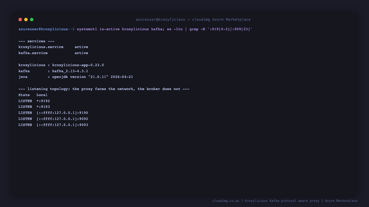 Both kroxylicious.service and kafka.service report active, the installed versions of Kroxylicious 0.23.0, Kafka 4.3.1 and OpenJDK 21 are listed, and the listening topology shows the proxy bound on all interfaces on ports 9192 and 9193 while the backing broker is bound only to loopback on 9092 and 9093