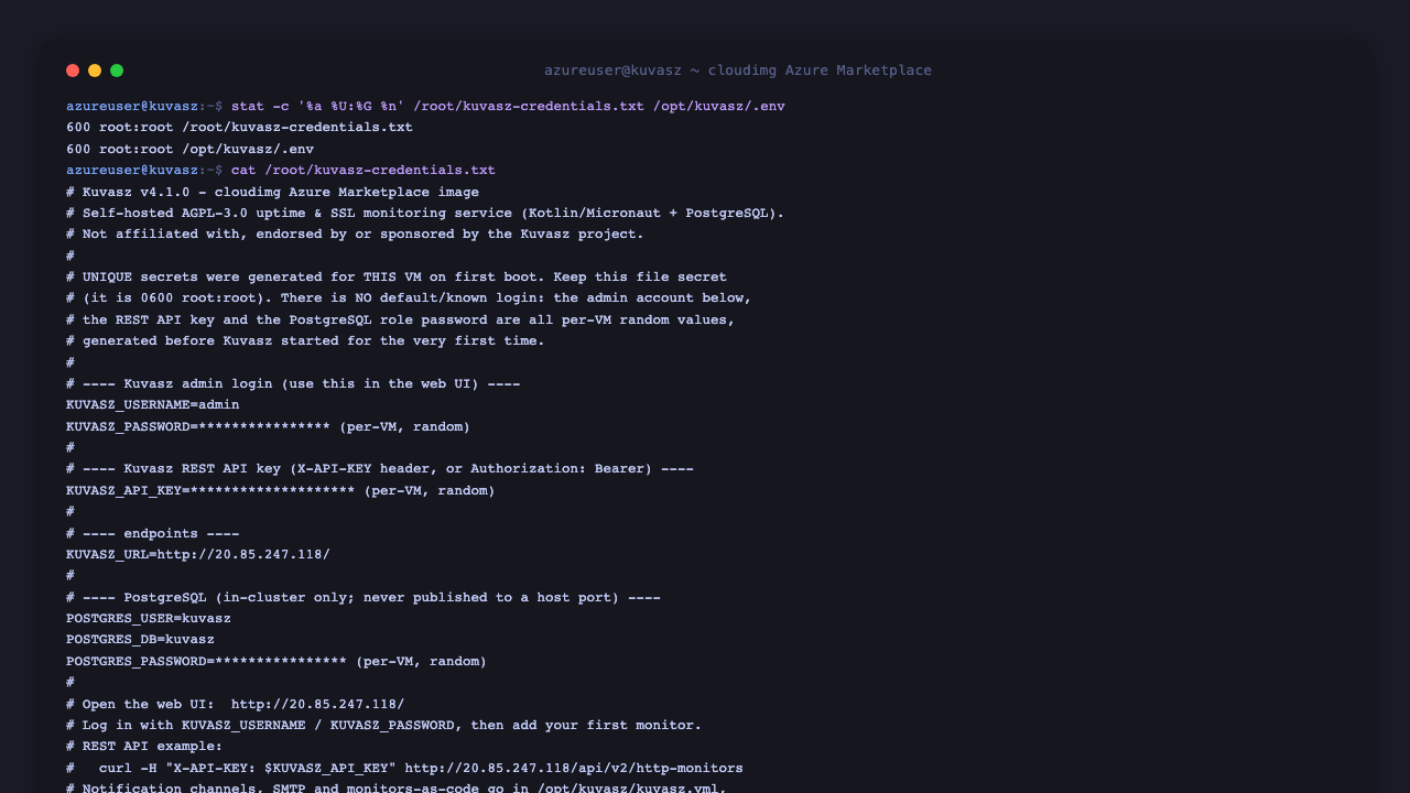 Both the credentials file and the environment file confirmed as 600 root:root, and the per instance credentials file showing the Kuvasz administrator login, the REST API key and the PostgreSQL password each generated randomly for this VM and masked here, together with the resolved web address
