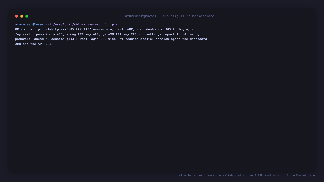 The credential round-trip prover reporting OK: health UP, the anonymous dashboard redirected 303 to the login page, the anonymous API refused 401, a wrong API key refused 401, the per instance API key accepted with the settings endpoint reporting version 4.1.0, a wrong password issuing no session, and the real login returning a JWT session cookie that opens both the dashboard and the API