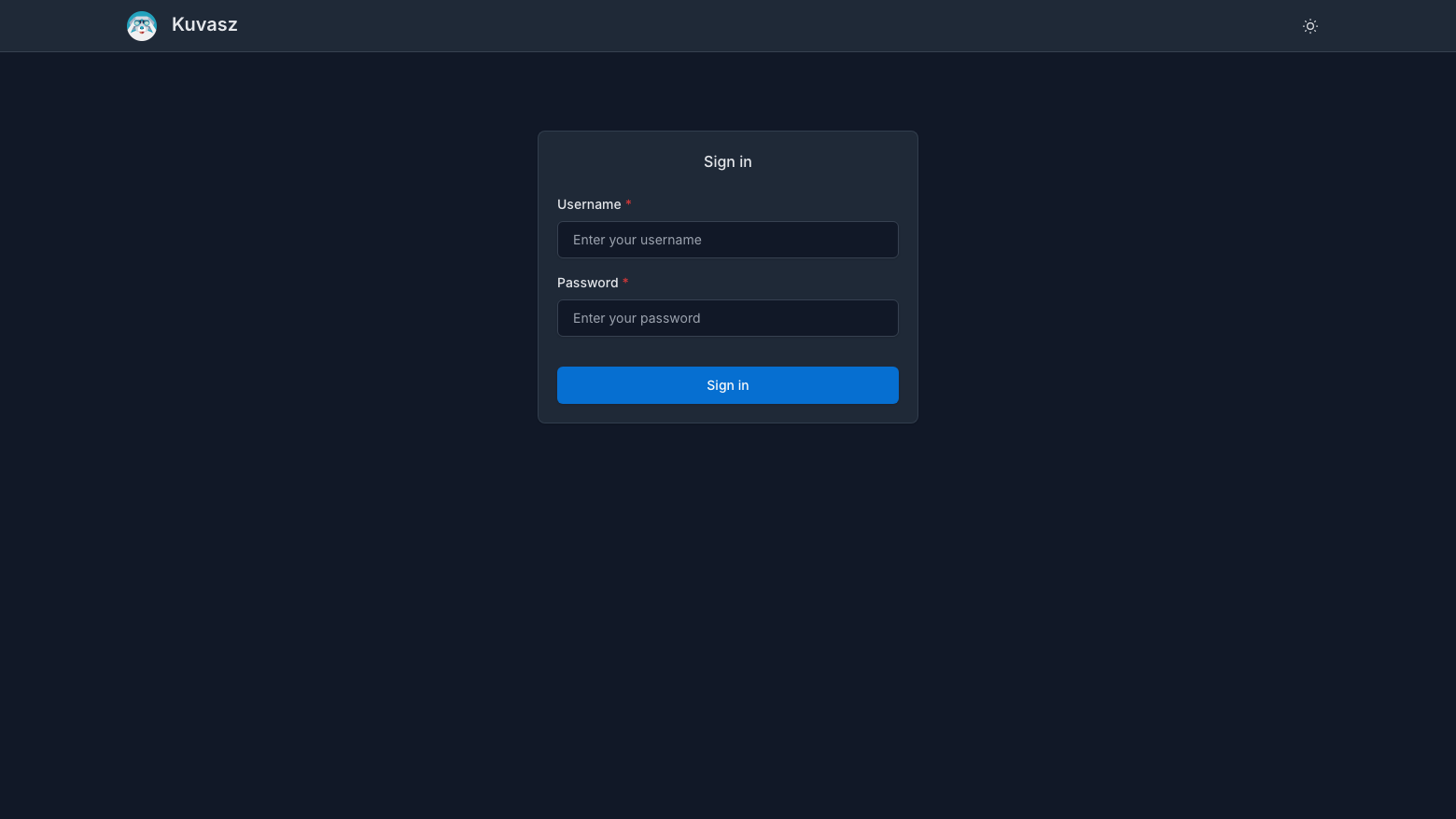 The Kuvasz sign-in page asking for the username and password of the admin account generated on this instance