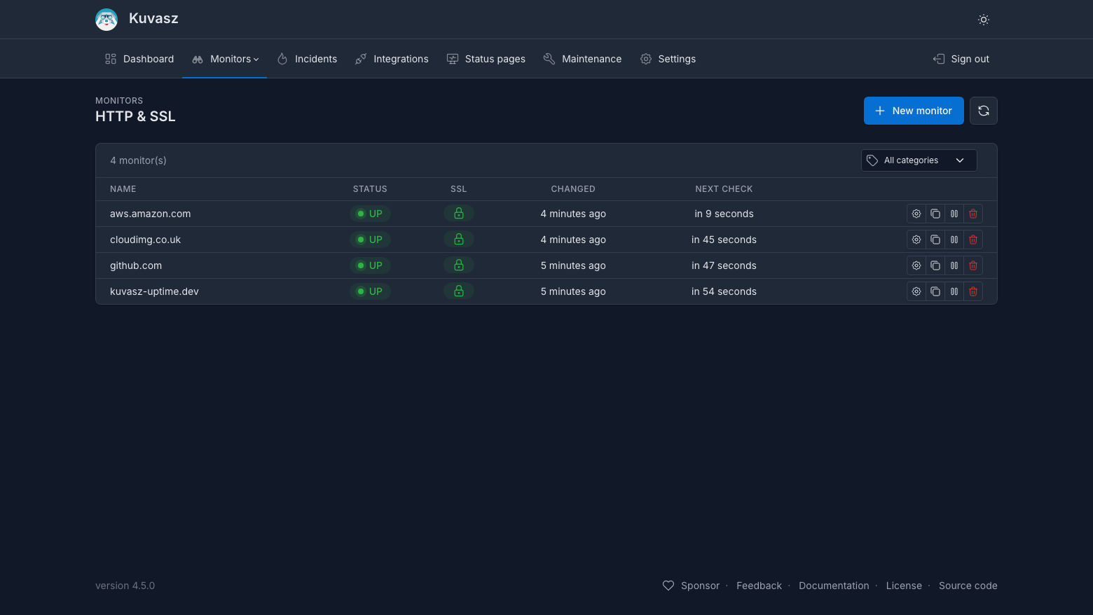 The Kuvasz HTTP and SSL monitor list with aws.amazon.com, cloudimg.co.uk, github.com and kuvasz-uptime.dev all reporting UP with a valid certificate and a countdown to the next check
