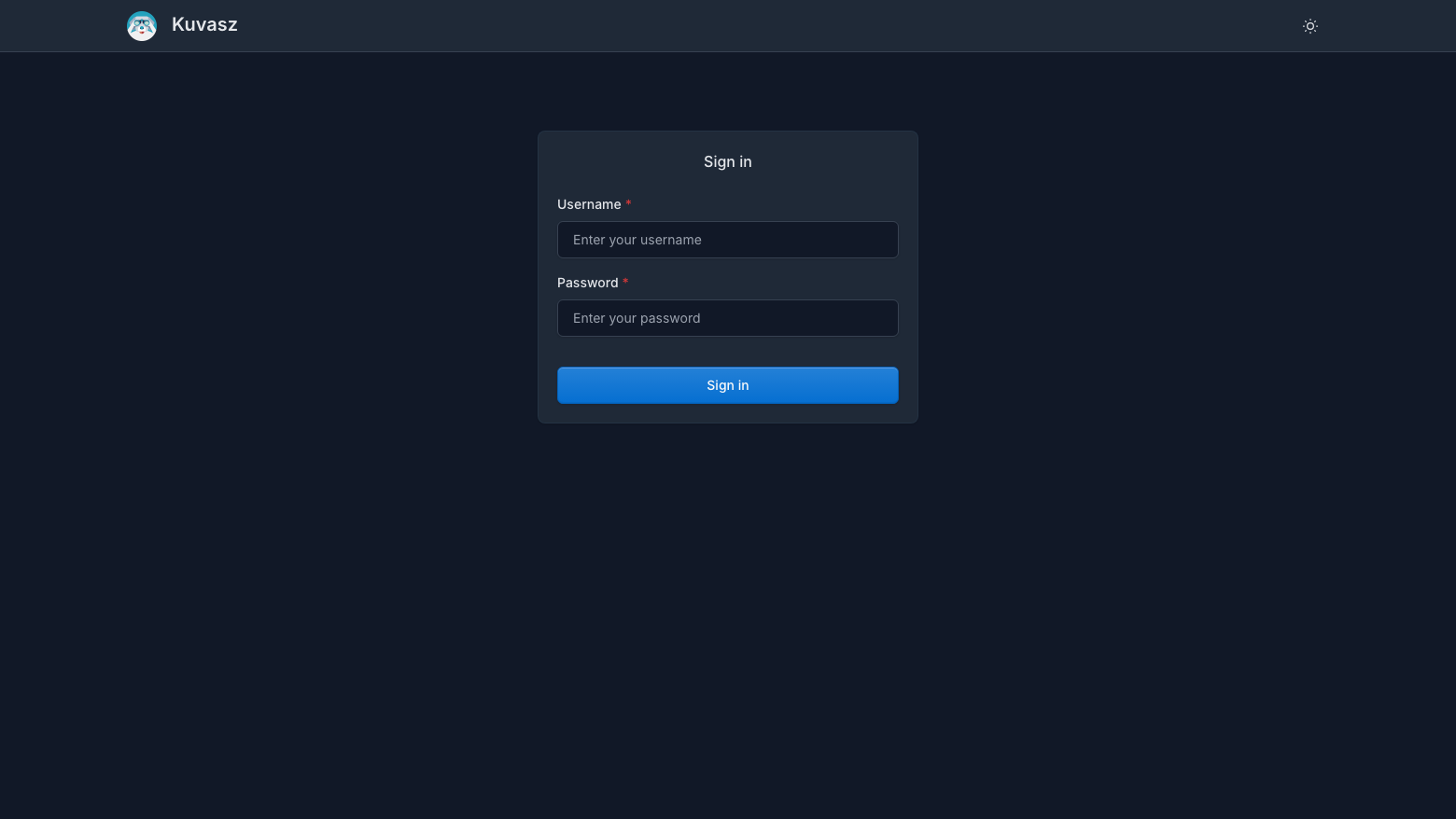 The Kuvasz sign-in page asking for the username and password of the admin account generated on this instance