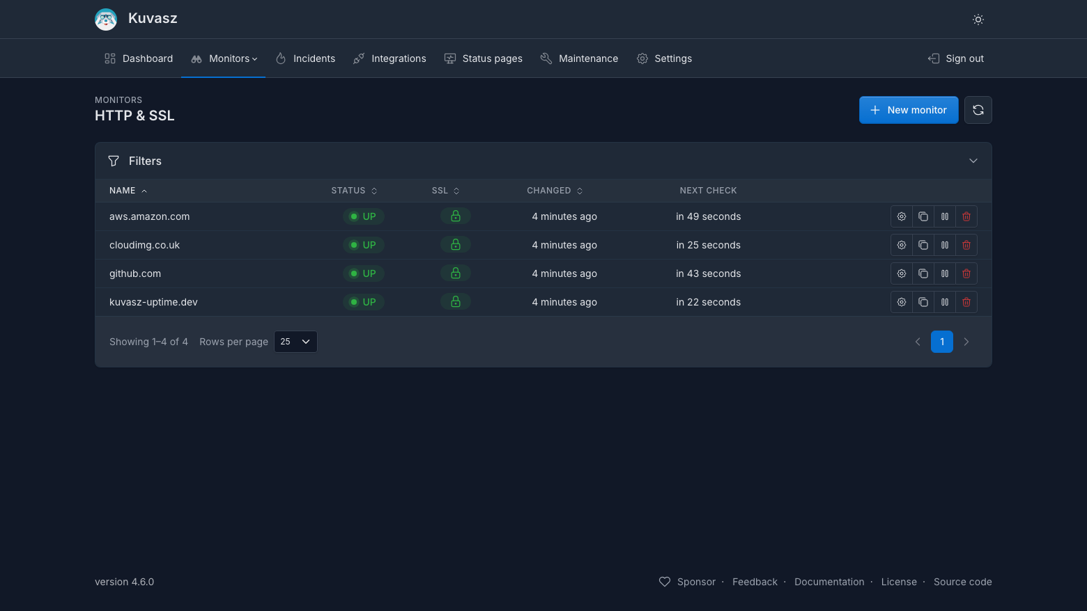 The Kuvasz HTTP and SSL monitor list with aws.amazon.com, cloudimg.co.uk, github.com and kuvasz-uptime.dev all reporting UP with a valid certificate and a countdown to the next check