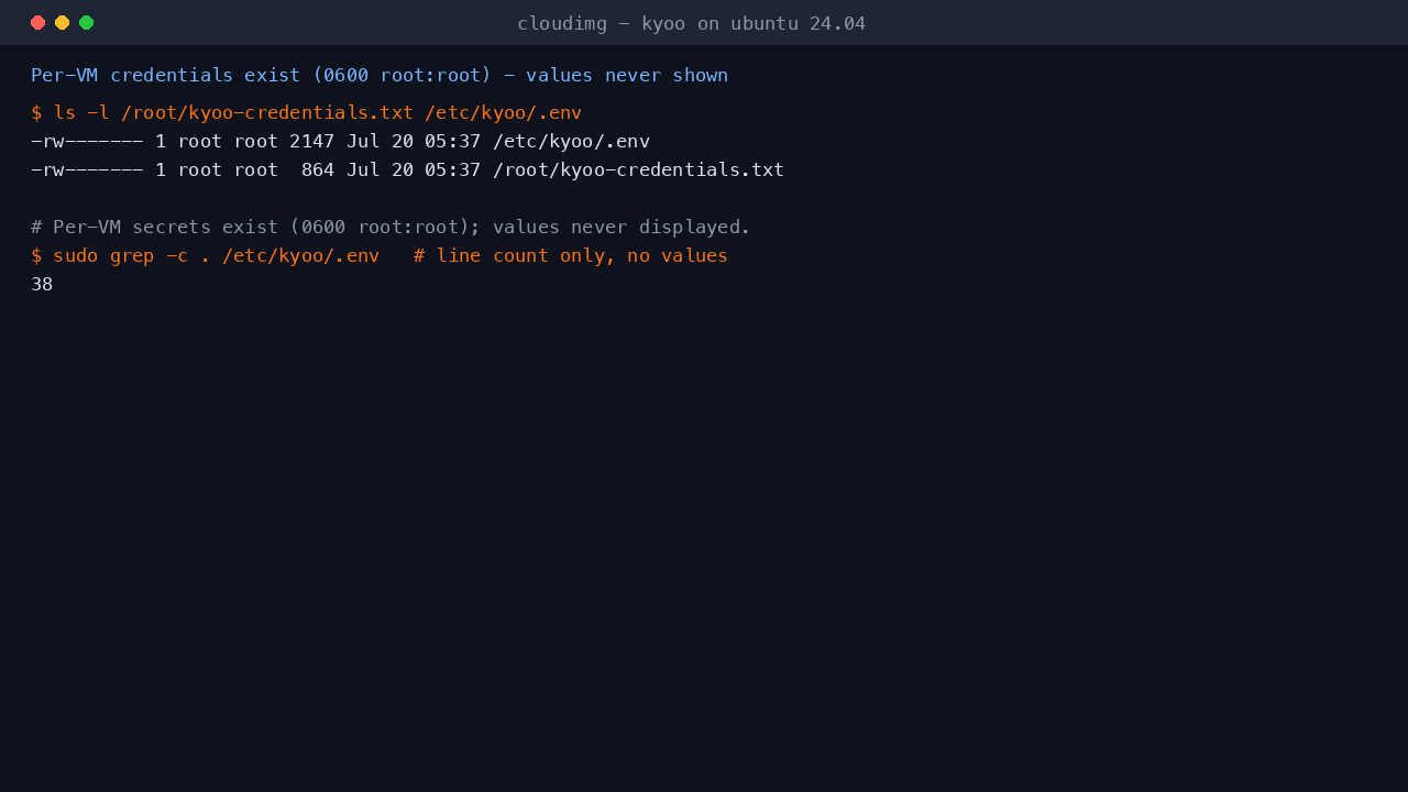 The kyoo credentials file and the environment file both listed with 0600 root:root permissions, demonstrating that the per VM secrets exist and are root only without ever displaying their values