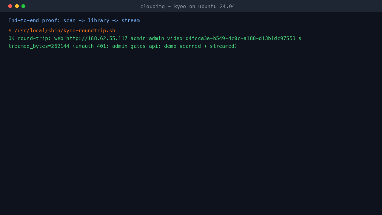 The end to end proof reporting the advertised web address and the admin login, an unauthenticated request rejected with 401, the admin authenticating and gating the API, and the demo title scanned into the library and streamed back as real media bytes