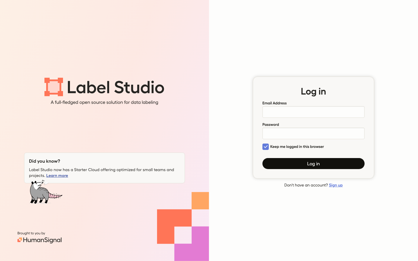 Label Studio sign-in, served through the nginx reverse proxy and protected by a per-instance password