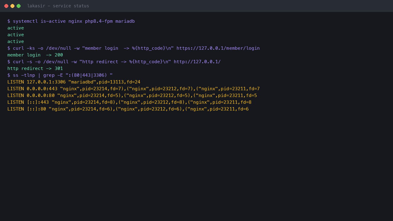 Service status, the HTTPS POS panel and the listening ports