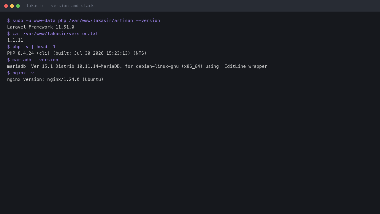 Lakasir, Laravel, PHP, MariaDB and nginx versions