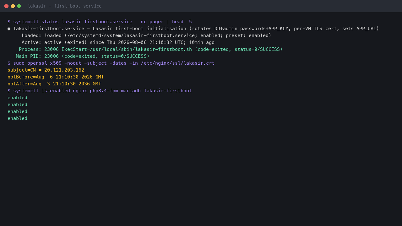 First boot service, the per VM certificate and the enabled units