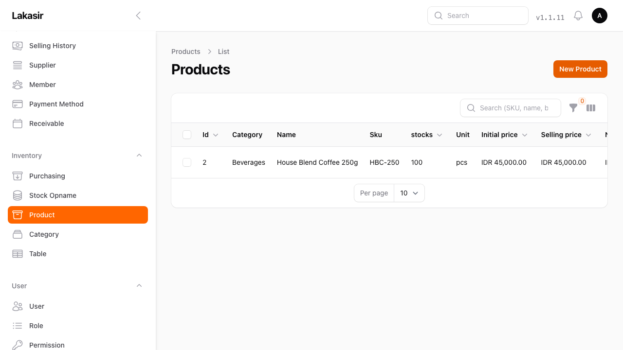 The Products list showing a newly created product