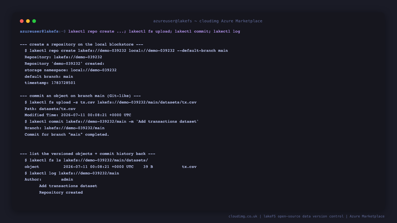 A terminal showing the lakectl data versioning round trip: creating a repository on the local block store, uploading a transactions dataset onto branch main, committing it, then listing the versioned objects back and showing the commit history with the admin author and the Add transactions dataset and Repository created commits