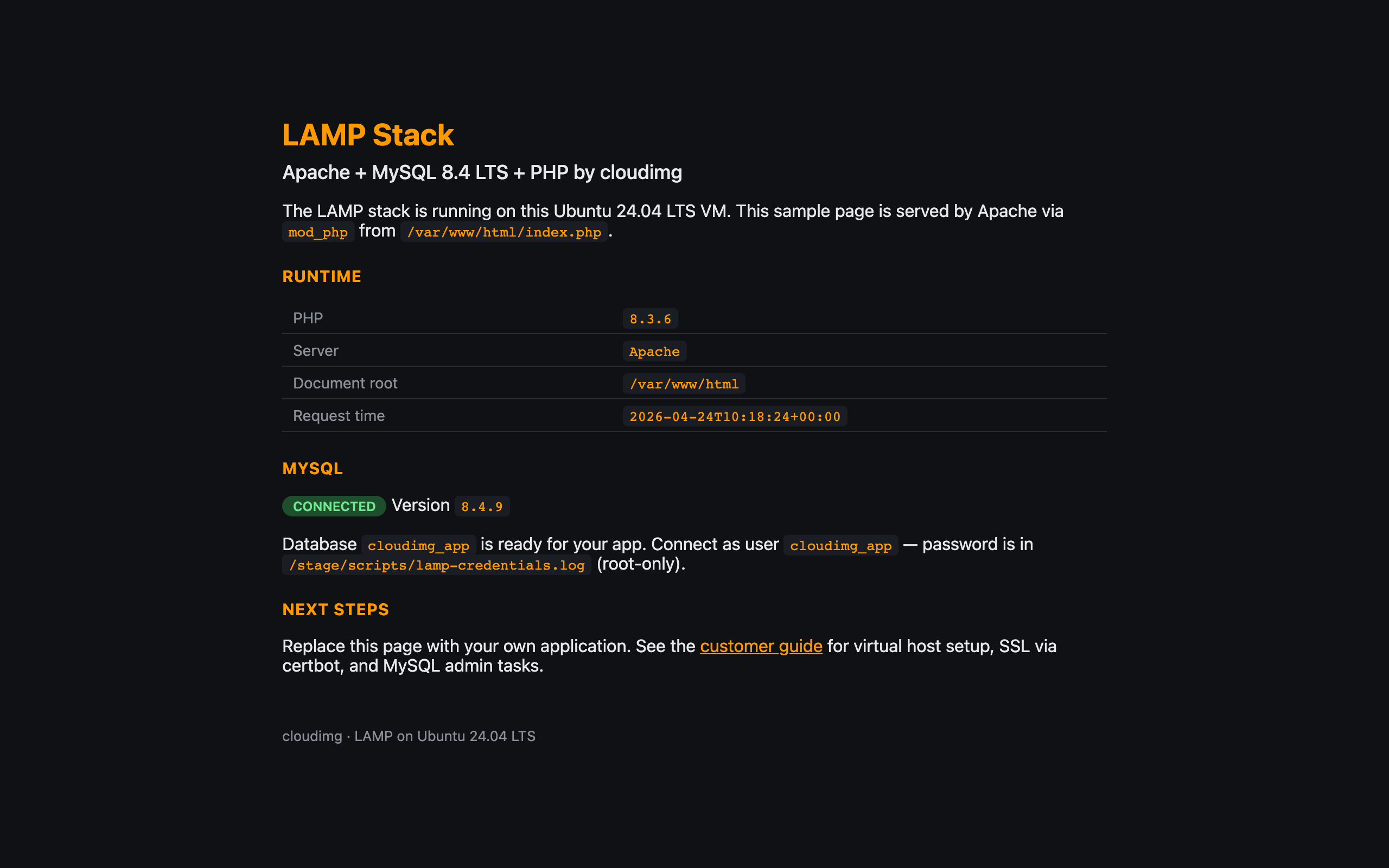 cloudimg LAMP landing page showing Apache, PHP 8.3, and a live MySQL 8.4 connection