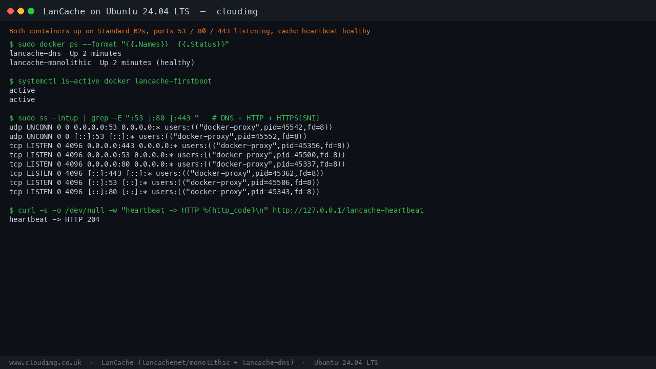 lancache-monolithic and lancache-dns both up, ports 53/80/443 listening, cache heartbeat returning HTTP 204