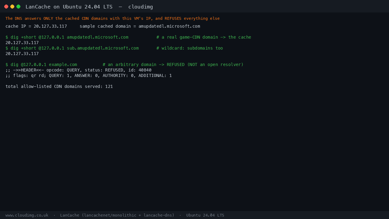 A cached CDN domain and its subdomains resolving to the cache IP while example.com is REFUSED with zero answers, over 121 CDN domains served