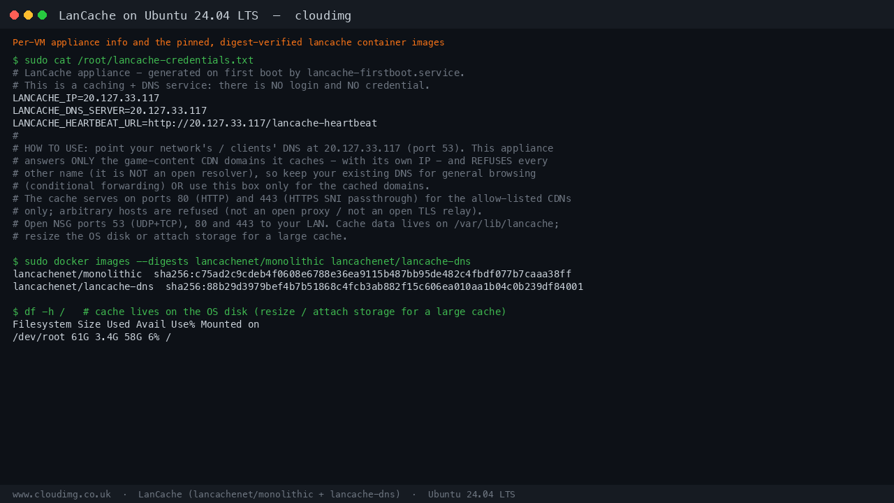 The per-VM appliance info file, the pinned digest-verified lancache images, and the OS disk holding the cache