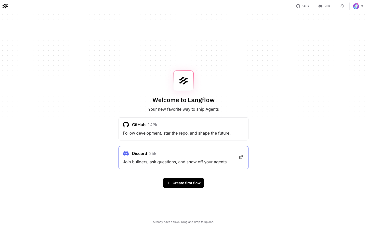 Langflow flows dashboard after signing in