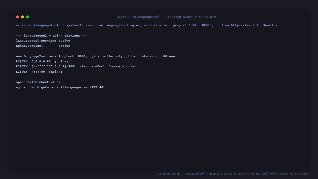 Terminal showing the languagetool and nginx services active, LanguageTool bound to loopback 8081 with nginx fronting port 80, and the health endpoint returning ok