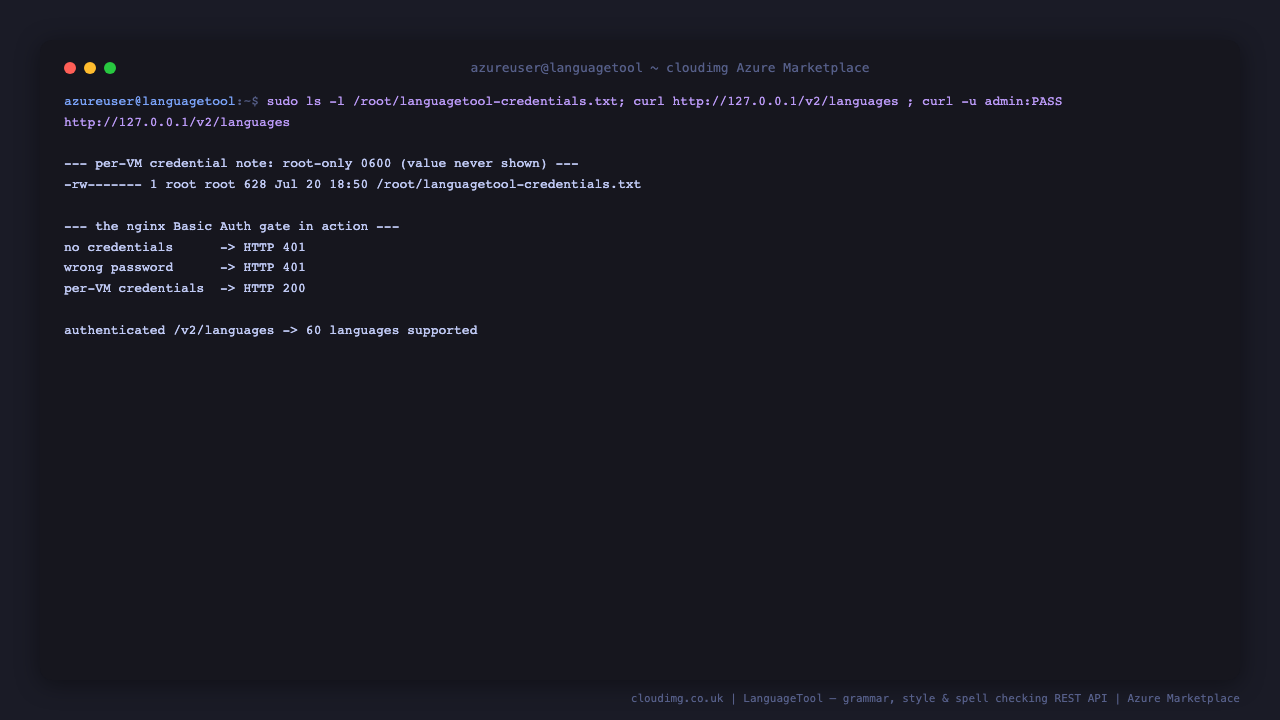 Terminal showing the root only credentials file with 0600 permissions and the API rejecting an unauthenticated request with HTTP 401