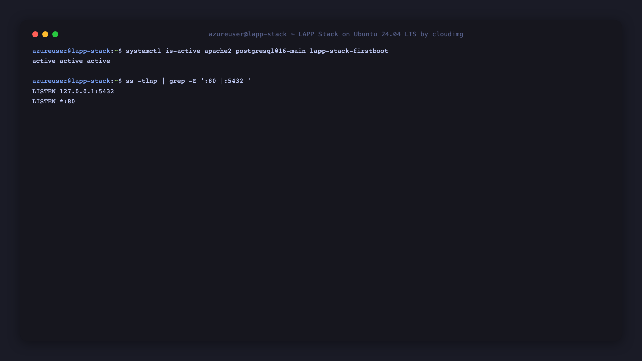 The apache2, postgresql and lapp-stack-firstboot services all active, with Apache listening on port 80 and PostgreSQL bound to loopback 127.0.0.1:5432