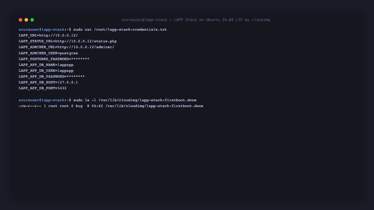 The per VM credentials file listing the Adminer sign in user and PostgreSQL superuser password, and the ready to use application database name, role and password, with the passwords masked