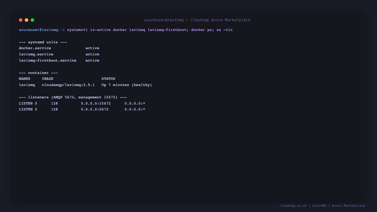 Docker and LavinMQ services active with the cloudamqp/lavinmq:2.9.1 container healthy and ports 5672 and 15672 listening